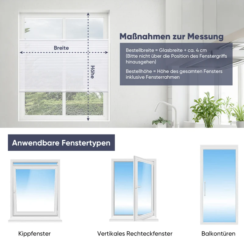 Sekey Plissee ohne Bohren Blickdichtes Lichtschutz-Plissee mit glatter, sichtlochfreier Vorderseite