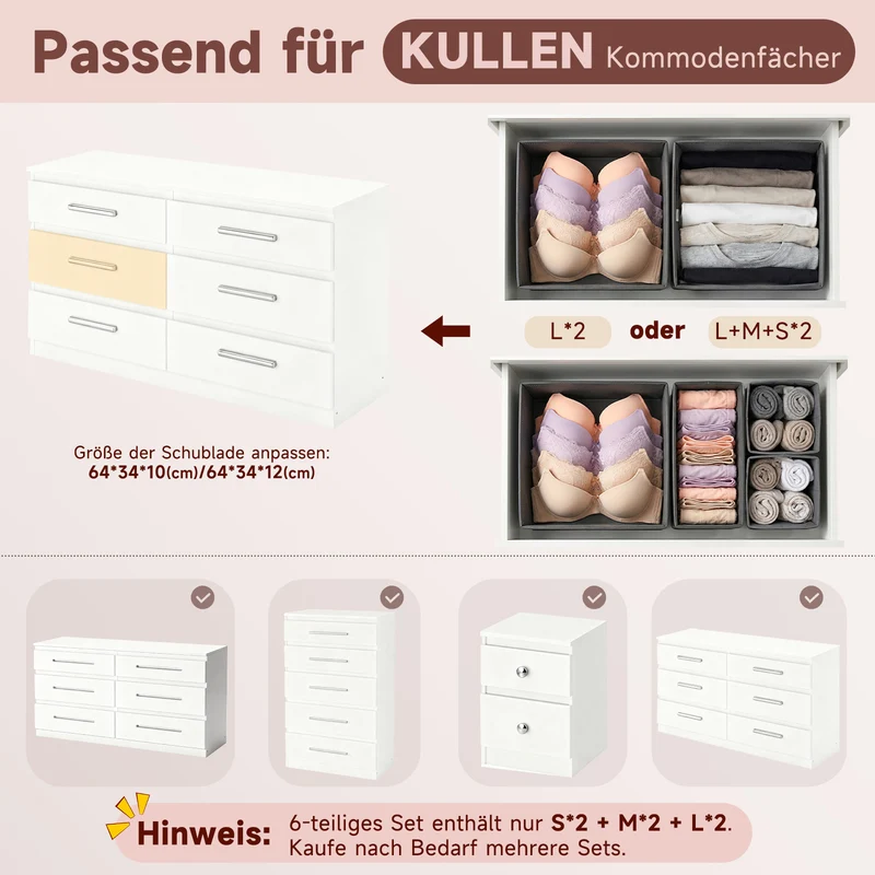Sekey Aufbewahrungsboxen Set S 6er Stoffboxen in verschiedenen Größen | Faltbar, formstabil & ideal für Schubladen