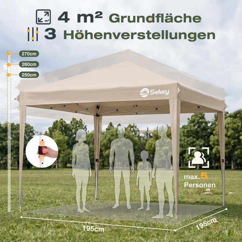 Sekey 2x2m Pop-Up Pavillon mit Seitenwänden – Wasserdicht, Windfest & Winterfest, Faltpavillon Höhenverstellbar, Partyzelt für Garten, Camping & Events