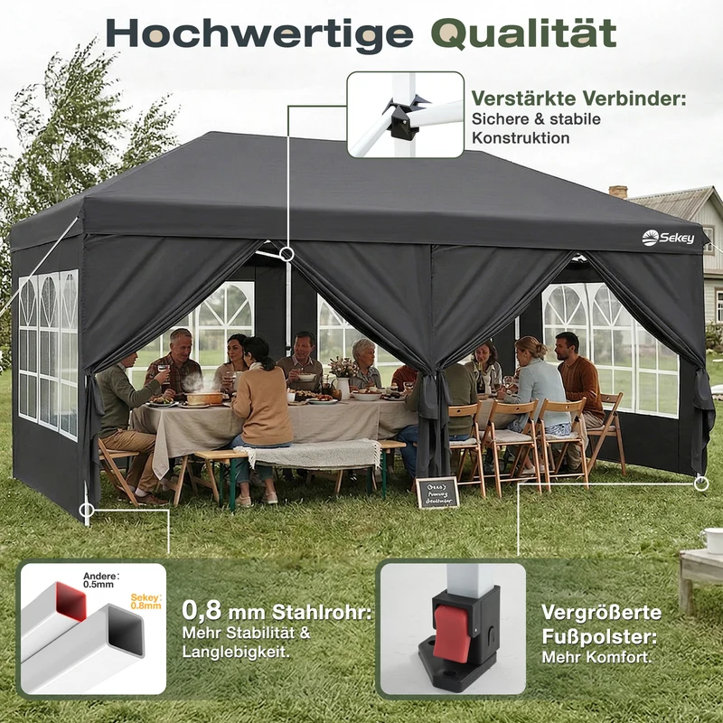 Sekey 3x6m One-Touch Pop-Up Pavillon mit Seitenwänden – Wasserdicht & Windfest, Faltpavillon mit 4 Sandsäcken, Höhenverstellbar, Schnellaufbau für Garten, Camping & Events