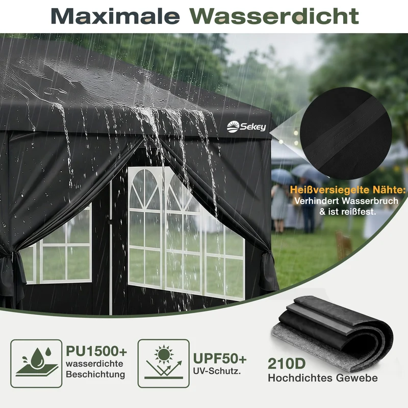Sekey 3x6m One-Touch Pop-Up Pavillon mit Seitenwänden – Wasserdicht & Windfest, Faltpavillon mit 4 Sandsäcken, Höhenverstellbar, Schnellaufbau für Garten, Camping & Events