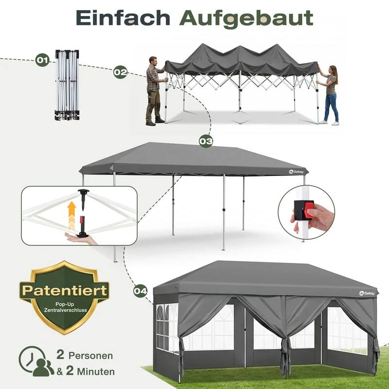 Sekey 3x6m One-Touch Pop-Up Pavillon mit Seitenwänden – Wasserdicht & Windfest, Faltpavillon mit 4 Sandsäcken, Höhenverstellbar, Schnellaufbau für Garten, Camping & Events