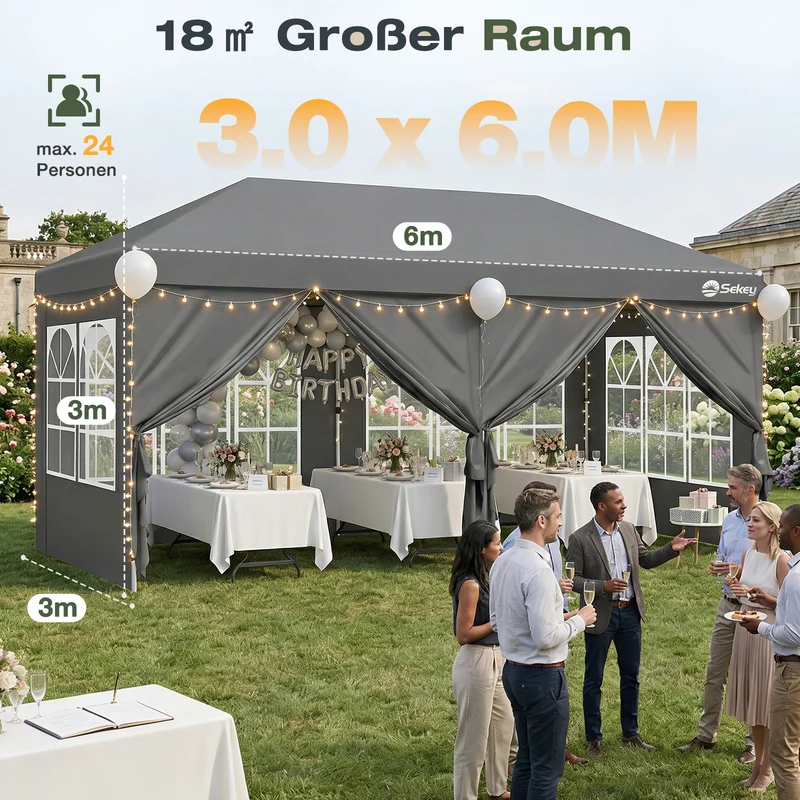 Sekey 3x6m One-Touch Pop-Up Pavillon mit Seitenwänden – Wasserdicht & Windfest, Faltpavillon mit 4 Sandsäcken, Höhenverstellbar, Schnellaufbau für Garten, Camping & Events