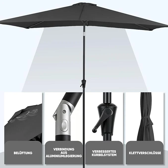 Sekey Aluminium Sonnenschirm Rechteck mit Kurbel & Knickfunktion – UV50+ Gartenschirm 38 mm Stange, 12x18 mm Streben für Balkon, Terrasse & Garten