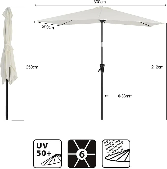 Sekey Aluminium Sonnenschirm Rechteck mit Kurbel & Knickfunktion – UV50+ Gartenschirm 38 mm Stange, 12x18 mm Streben für Balkon, Terrasse & Garten