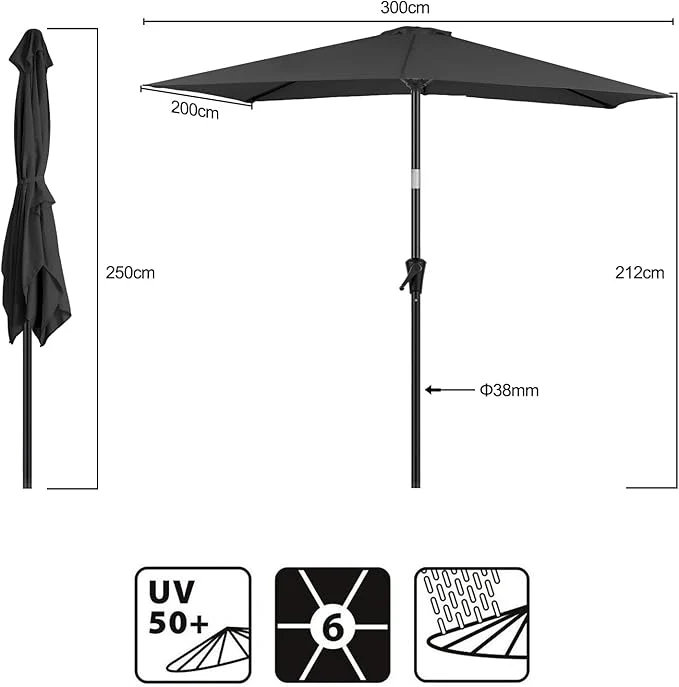 Sekey Aluminium Sonnenschirm Rechteck mit Kurbel & Knickfunktion – UV50+ Gartenschirm 38 mm Stange, 12x18 mm Streben für Balkon, Terrasse & Garten