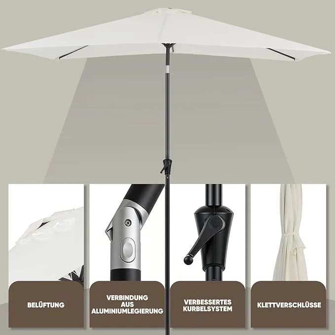 Sekey Aluminium Sonnenschirm Rechteck mit Kurbel & Knickfunktion – UV50+ Gartenschirm 38 mm Stange, 12x18 mm Streben für Balkon, Terrasse & Garten