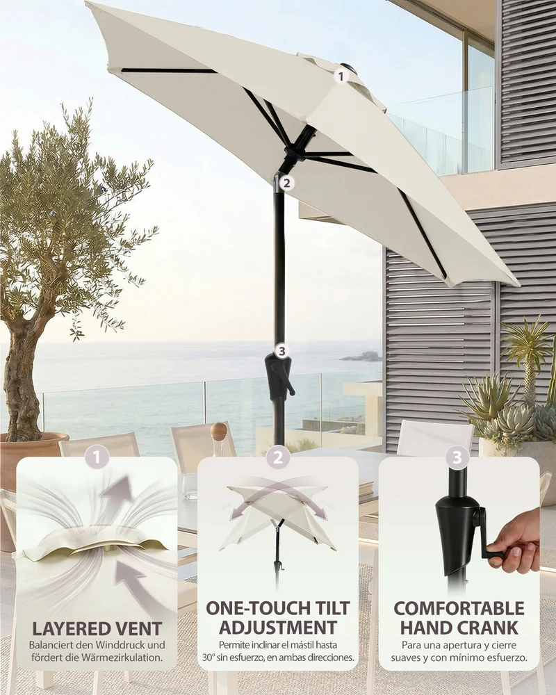 Sunula Sonnenschirm Rechteck 210x140 cm mit Kurbelsystem – stabiler 38 mm Stahlrohr Marktschirm mit Neigefunktion für Balkon, Terrasse & Garten