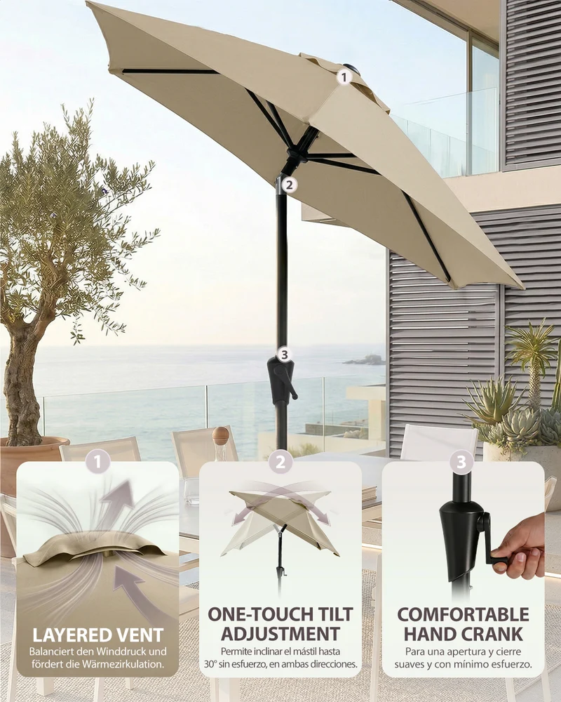 Sunula Sonnenschirm Rechteckig mit Kurbelsystem – stabiler 38 mm Stahlrohr Gartenschirm mit Neigefunktion, UV-Schutz Marktschirm für Balkon, Terrasse & Garten