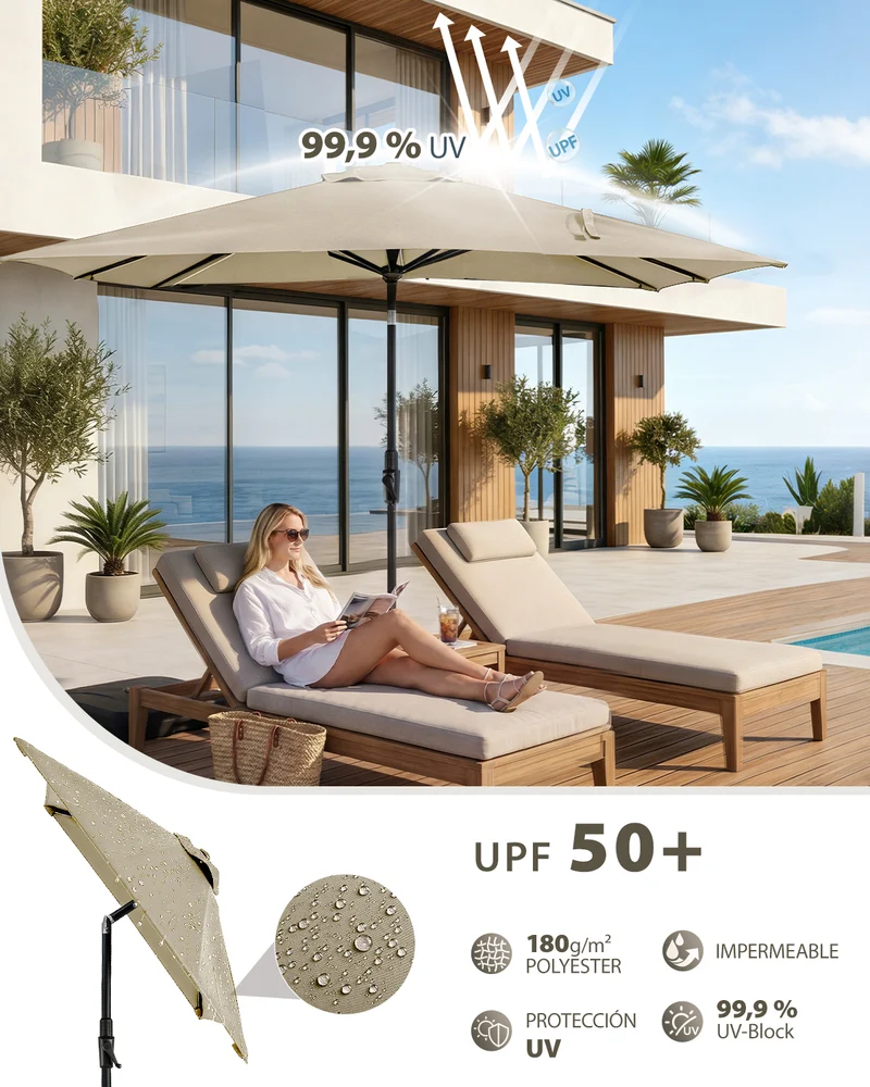 Sekey Sonnenschirm Rechteck 200x300 cm mit Kurbel & Auto-Neigung – stabiler Marktschirm 38 mm Stahlrohr, UV-Schutz, Balkon- & Gartenschirm für Terrasse