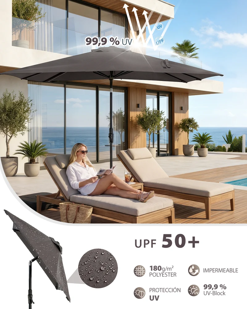 Sekey Sonnenschirm Rechteck 200x300 cm mit Kurbel & Auto-Neigung – stabiler Marktschirm 38 mm Stahlrohr, UV-Schutz, Balkon- & Gartenschirm für Terrasse