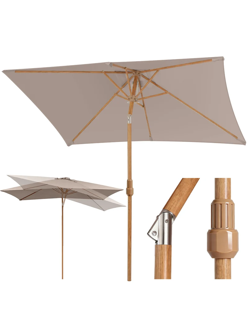 Sekey Sonnenschirm Rechteck 200x300 cm in Holzoptik – höhenverstellbar, UV50+, mit Dreh-Kippfunktion & Kurbel, Eisenmast 38 mm für Balkon, Terrasse & Garten