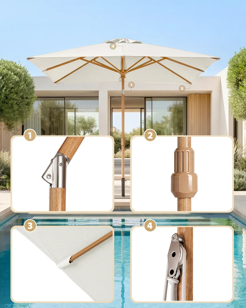 Sekey Sonnenschirm Rechteck 200x300 cm in Holzoptik – höhenverstellbar, UV50+, mit Dreh-Kippfunktion & Kurbel, Eisenmast 38 mm für Balkon, Terrasse & Garten
