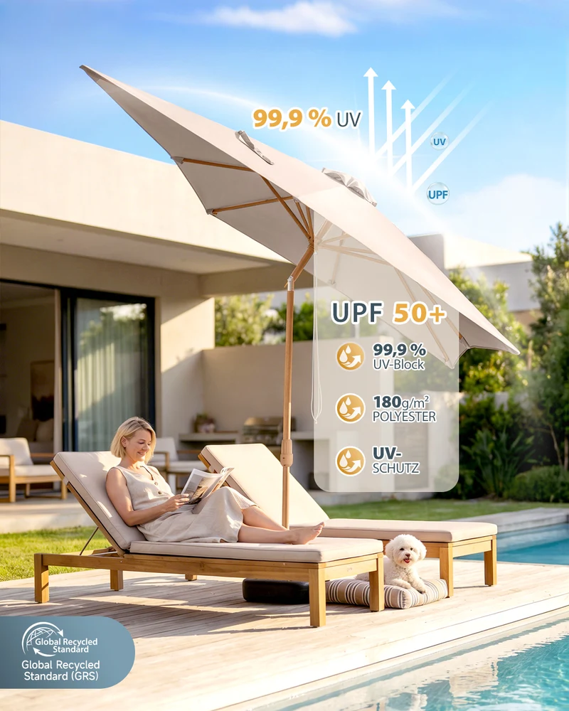 Sekey Sonnenschirm Rechteck 200x300 cm in Holzoptik – höhenverstellbar, UV50+, mit Dreh-Kippfunktion & Kurbel, Eisenmast 38 mm für Balkon, Terrasse & Garten