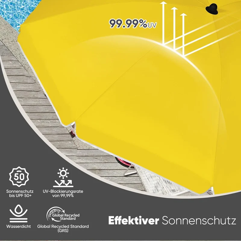 Sekey Sonnenschirm Ø160 cm rund – Strand- & Balkonschirm mit Neigungswinkel & Höhenverstellung, inkl. Schutzhülle, 140 g/m² Polyester, für Garten, Terrasse & Strand