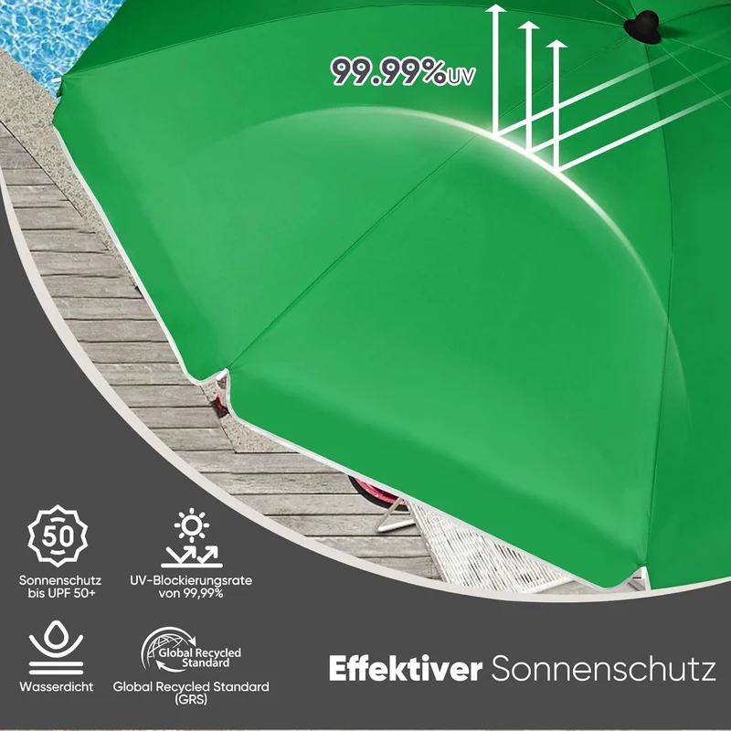 Sekey Sonnenschirm Ø160 cm rund – Strand- & Balkonschirm mit Neigungswinkel & Höhenverstellung, inkl. Schutzhülle, 140 g/m² Polyester, für Garten, Terrasse & Strand