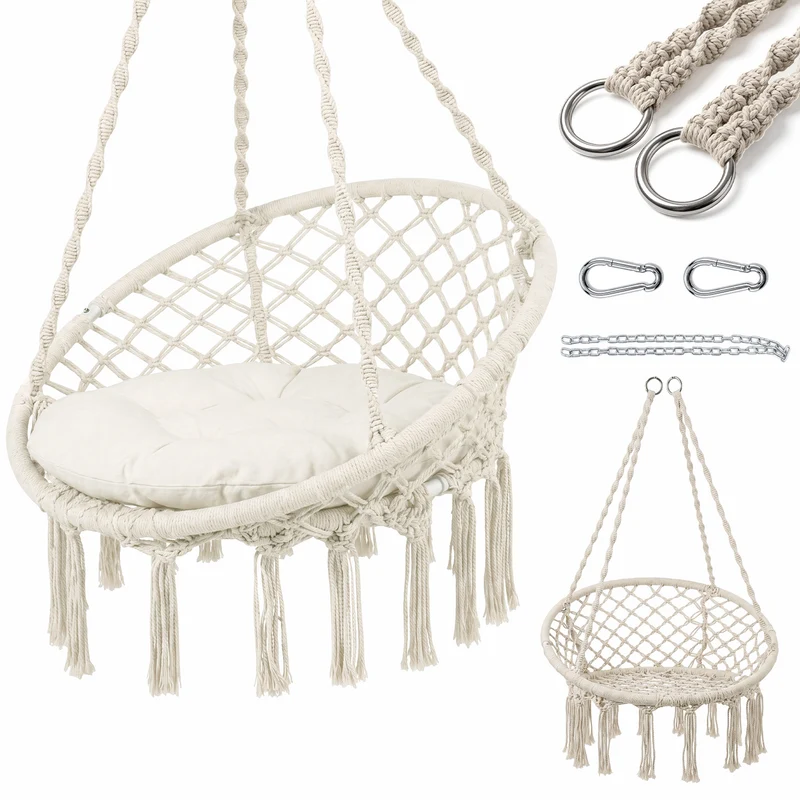 Sekey Hängesessel 360° drehbar aus Recycling-Baumwolle – Boho Hängestuhl mit Sitzkissen, Metallkette & Karabinern, Hängesitz für Wohnzimmer, Balkon, Terrasse & Schlafzimmer
