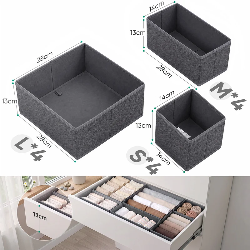 Sekey Schubladen-Organizer 12er Set – Faltbare Kleiderschrank Organizer aus Vliesstoff mit stabiler Bodenplatte, Aufbewahrungsboxen für Unterwäsche, Socken, Kleidung & Accessoires