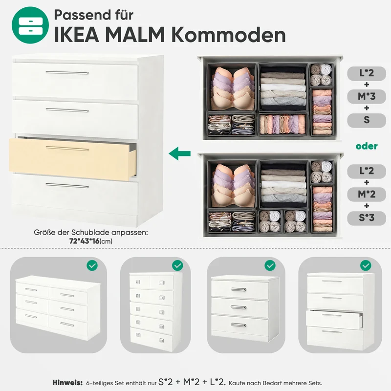Sekey Schubladen-Organizer 12er Set – Faltbare Kleiderschrank Organizer aus Vliesstoff mit stabiler Bodenplatte, Aufbewahrungsboxen für Unterwäsche, Socken, Kleidung & Accessoires