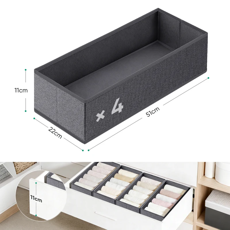 Sekey Schubladen-Organizer 4er Set 22 × 51 × 11 cm – Faltbare Kleiderschrank Organizer aus Vliesstoff mit stabiler Bodenplatte, Aufbewahrungsbox für Kleidung, Unterwäsche, T-Shirts & Accessoires