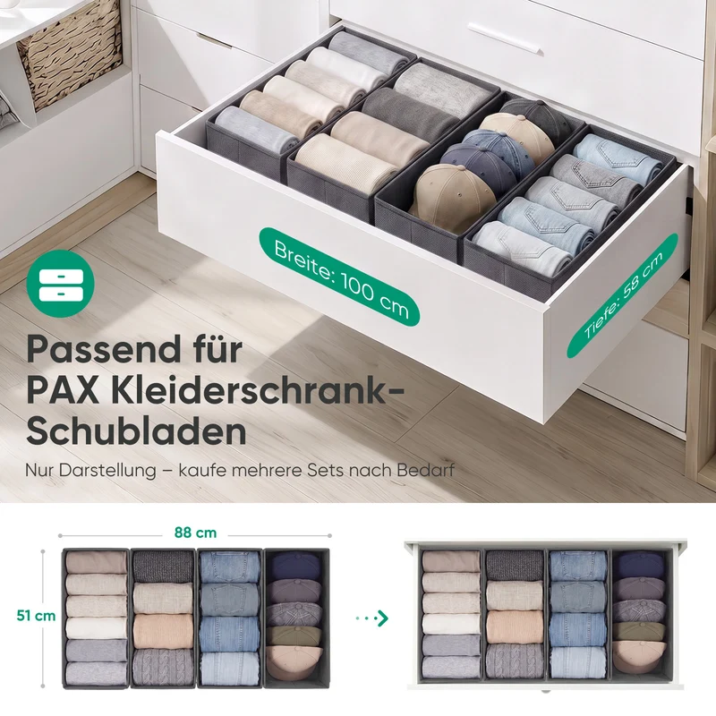 Sekey Schubladen-Organizer 4er Set 22 × 51 × 11 cm – Faltbare Kleiderschrank Organizer aus Vliesstoff mit stabiler Bodenplatte, Aufbewahrungsbox für Kleidung, Unterwäsche, T-Shirts & Accessoires