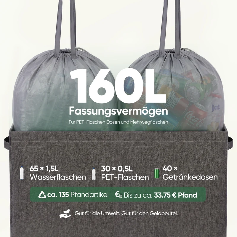 Sekey Pfandflaschen Sammelbehälter 160L mit 2 Innenbeuteln, Großer Flaschenkorb für Leergut & Dosen, Pfandsammler mit Doppel-Einwurföffnung und Schultergurten, Recycling Aufbewahrung für Küche, Keller & Garage