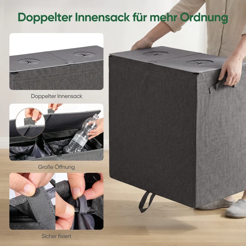 Sekey Pfandflaschen Sammelbehälter 160L mit 2 Innenbeuteln, Großer Flaschenkorb für Leergut & Dosen, Pfandsammler mit Doppel-Einwurföffnung und Schultergurten, Recycling Aufbewahrung für Küche, Keller & Garage