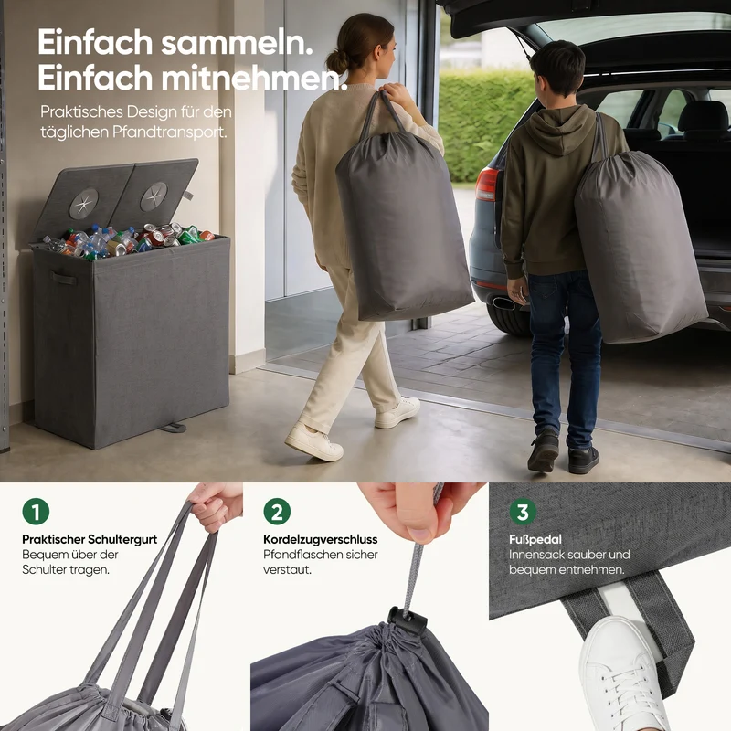 Sekey Pfandflaschen Sammelbehälter 160L mit 2 Innenbeuteln, Großer Flaschenkorb für Leergut & Dosen, Pfandsammler mit Doppel-Einwurföffnung und Schultergurten, Recycling Aufbewahrung für Küche, Keller & Garage