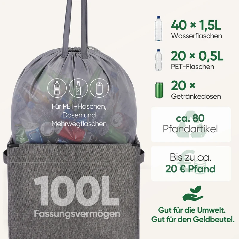 Sekey Pfandflaschen Sammelbehälter 100L mit Deckel, Flaschenkorb für Leergut & Dosen, Herausnehmbarer Innenbeutel mit Schultergurt, Flaschensammler für Küche, Keller & Recycling