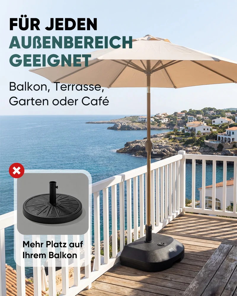 Sekey Halbrunder Sonnenschirmständer befüllbar – 32–38 mm, Kunststoff, bis 32 kg (Sand) / 24 L (Wasser), Schwarz