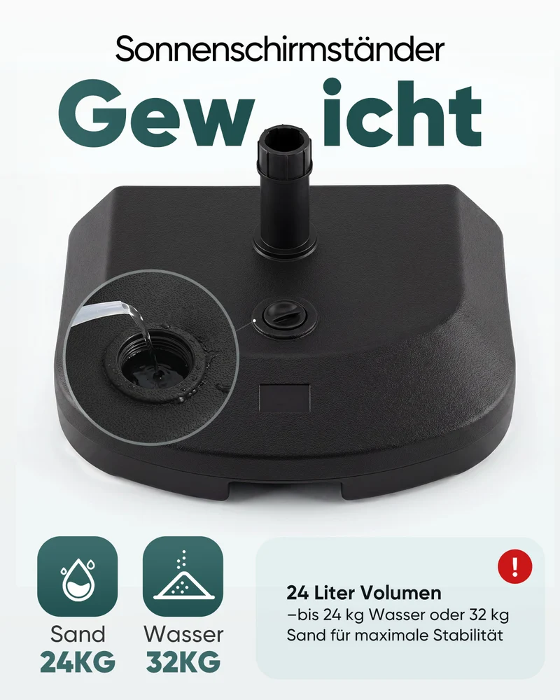 Sekey Halbrunder Sonnenschirmständer befüllbar – 32–38 mm, Kunststoff, bis 32 kg (Sand) / 24 L (Wasser), Schwarz