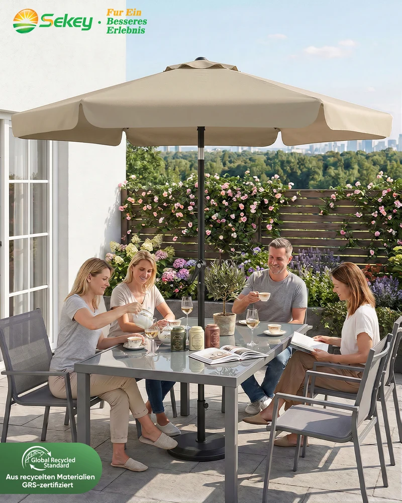 Sekey Sonnenschirm Ø200 cm rund mit Kurbel & Knickfunktion – Balkon Sonnenschirm UV50+, wetterfest & stabil für Terrasse, Garten & Camping