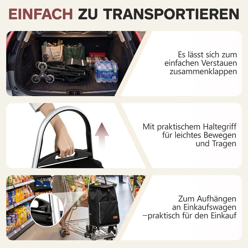 Sekey Einkaufstrolley 3-in-1 klappbar – 50L Einkaufswagen mit Kühlfach, Treppensteiger-Rädern & Sackkarren-Funktion, Aluminium