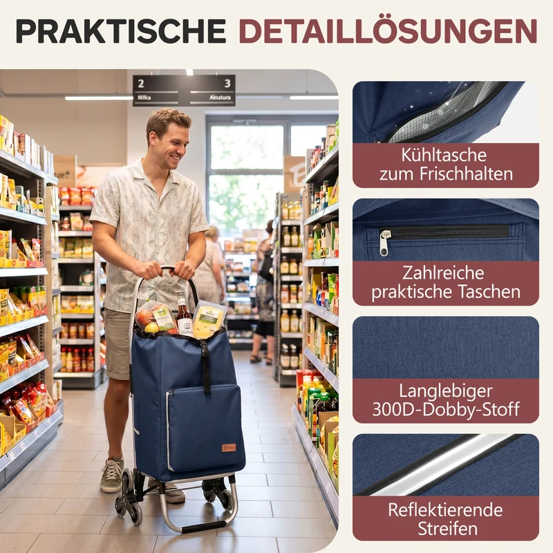 Sekey Einkaufstrolley 3-in-1 klappbar – 50L Einkaufswagen mit Kühlfach, Treppensteiger-Rädern & Sackkarren-Funktion, Aluminium
