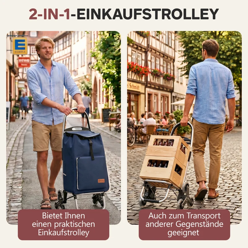 Sekey Einkaufstrolley 3-in-1 klappbar – 50L Einkaufswagen mit Kühlfach, Treppensteiger-Rädern & Sackkarren-Funktion, Aluminium