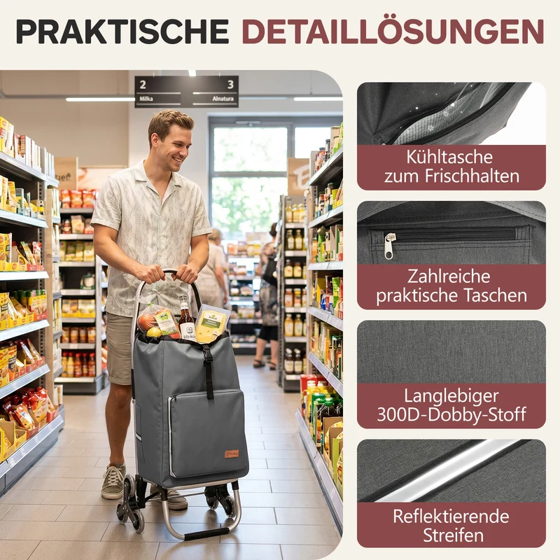 Sekey Einkaufstrolley 3-in-1 klappbar – 50L Einkaufswagen mit Kühlfach, Treppensteiger-Rädern & Sackkarren-Funktion, Aluminium