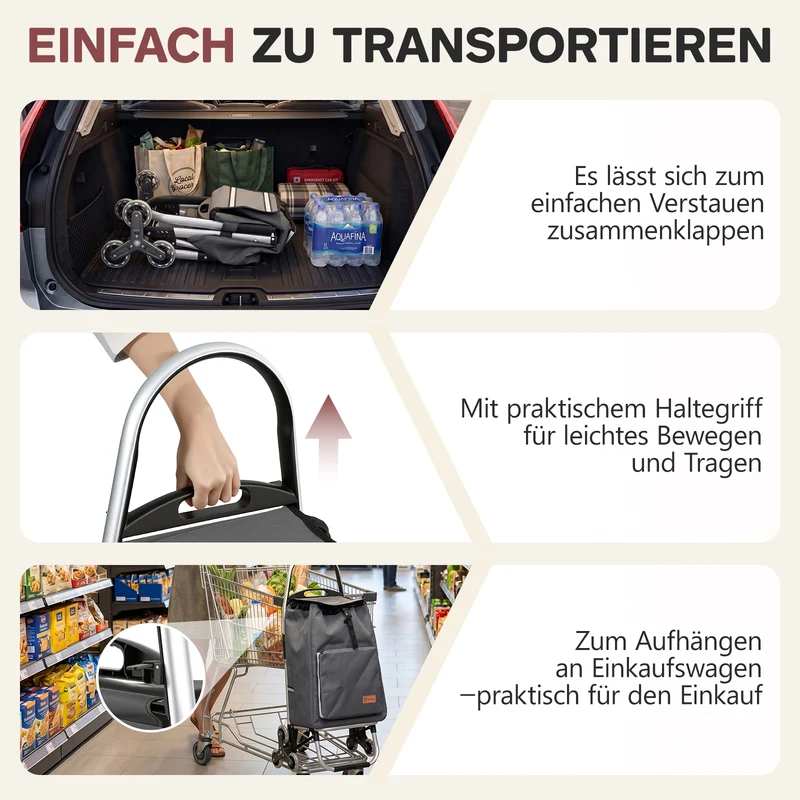 Sekey Einkaufstrolley 3-in-1 klappbar – 50L Einkaufswagen mit Kühlfach, Treppensteiger-Rädern & Sackkarren-Funktion, Aluminium