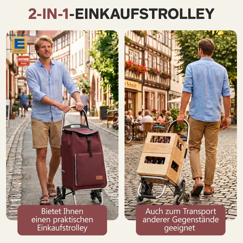 Sekey Einkaufstrolley 3-in-1 klappbar – 50L Einkaufswagen mit Kühlfach, Treppensteiger-Rädern & Sackkarren-Funktion, Aluminium