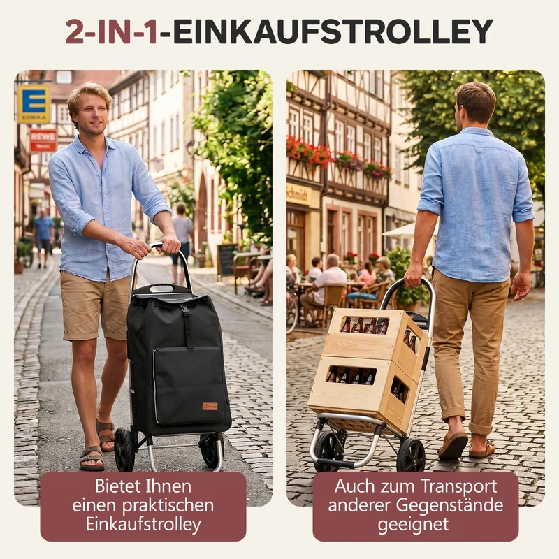 Sekey Einkaufstrolley 3-in-1 klappbar – 50L Einkaufswagen mit Kühlfach, großen Rädern & Sackkarren-Funktion, leichtes Aluminium