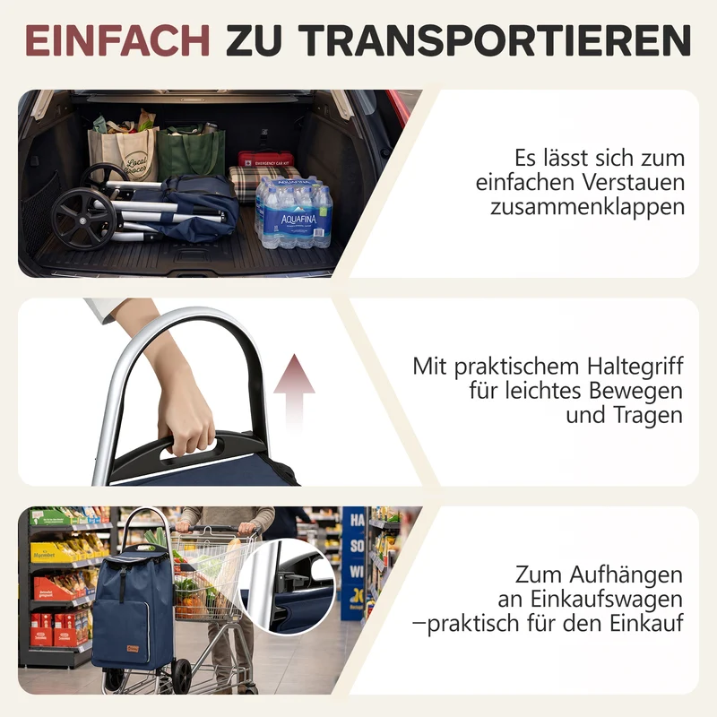 Sekey Einkaufstrolley 3-in-1 klappbar – 50L Einkaufswagen mit Kühlfach, großen Rädern & Sackkarren-Funktion, leichtes Aluminium