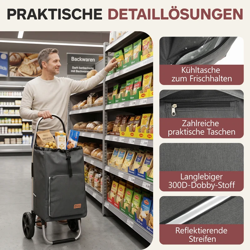 Sekey Einkaufstrolley 3-in-1 klappbar – 50L Einkaufswagen mit Kühlfach, großen Rädern & Sackkarren-Funktion, leichtes Aluminium