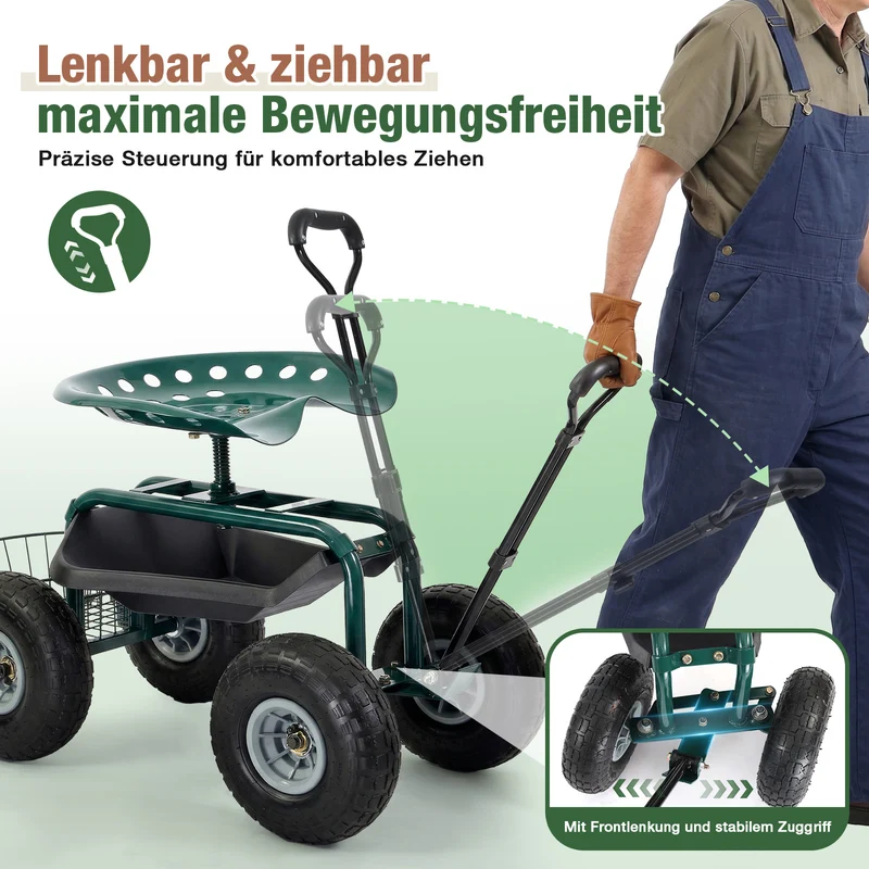 Sekey Gartenrollsitz bis 180 kg – 360° drehbarer Gartensitz mit Luftreifen Ø 25,5 cm, ergonomischer Rollsitz mit Ablage für Garten & Gewächshaus