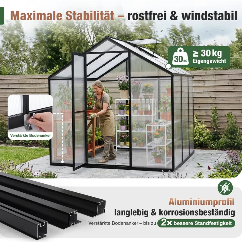 Sekey Aluminium-Gewächshaus 185x185x195 cm – Wetterfestes & winterfestes Tomatenhaus mit 6 mm Hohlkammerplatten und nach außen öffnender Tür