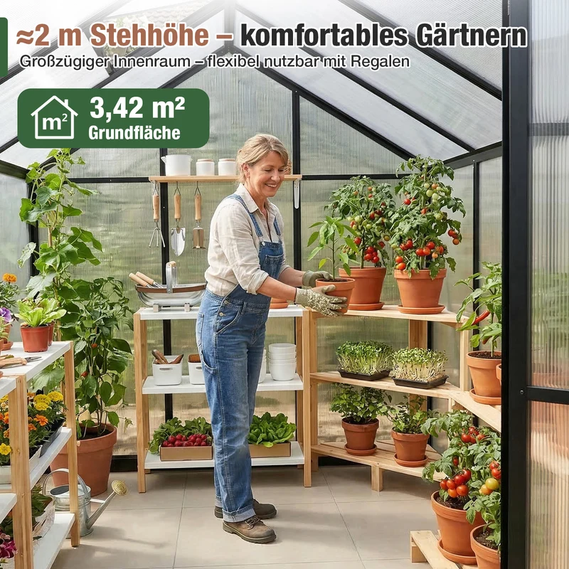 Sekey Aluminium-Gewächshaus 185x185x195 cm – Wetterfestes & winterfestes Tomatenhaus mit 6 mm Hohlkammerplatten und nach außen öffnender Tür