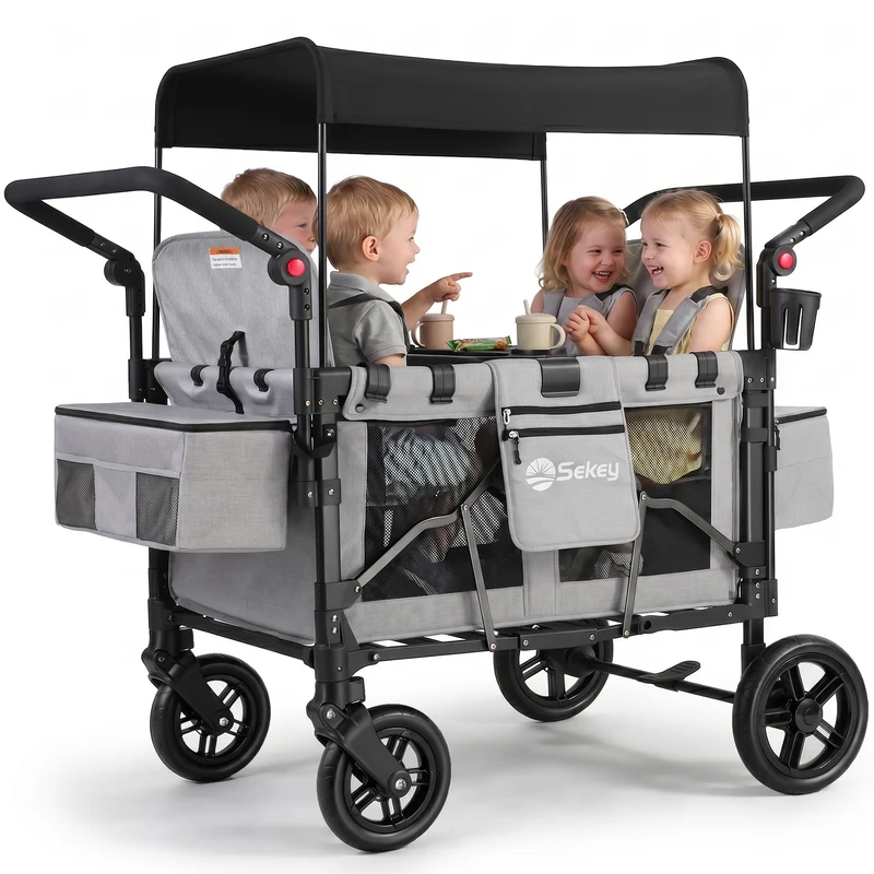 Sekey Kinder-Bollerwagen 7070, faltbar, mit Zwillingsmodus Face-to-Face & Back-to-Back, 80 kg Tragkraft, 5-Punkt-Gurt, 4-Rad-Federung, Sonnendach, Kühltasche & Getränkehalter Produktbeschreibung