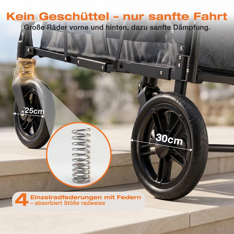 Sekey Kinder-Bollerwagen 7070, faltbar, mit Zwillingsmodus Face-to-Face & Back-to-Back, 80 kg Tragkraft, 5-Punkt-Gurt, 4-Rad-Federung, Sonnendach, Kühltasche & Getränkehalter Produktbeschreibung