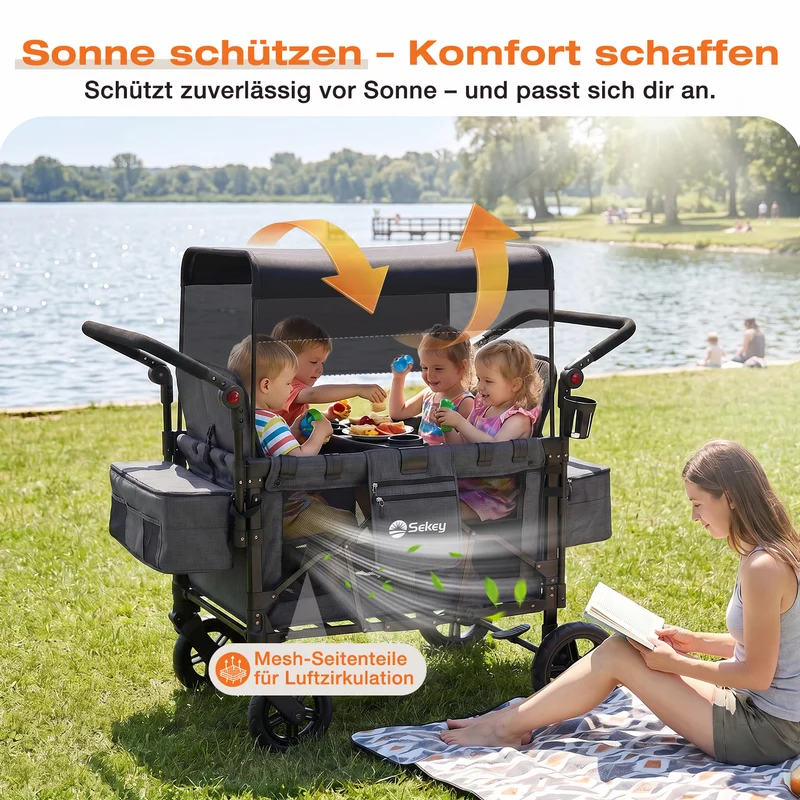 Sekey Kinder-Bollerwagen 7070, faltbar, mit Zwillingsmodus Face-to-Face & Back-to-Back, 80 kg Tragkraft, 5-Punkt-Gurt, 4-Rad-Federung, Sonnendach, Kühltasche & Getränkehalter Produktbeschreibung