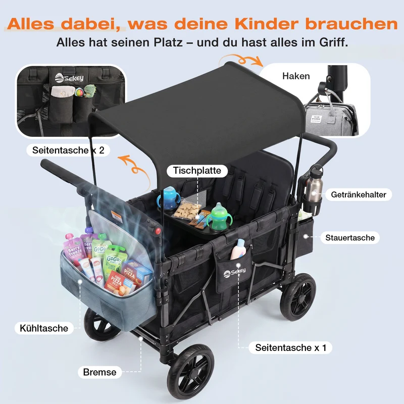 Sekey Kinder-Bollerwagen 7070, faltbar, mit Zwillingsmodus Face-to-Face & Back-to-Back, 80 kg Tragkraft, 5-Punkt-Gurt, 4-Rad-Federung, Sonnendach, Kühltasche & Getränkehalter Produktbeschreibung