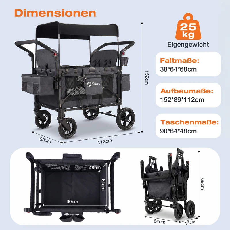 Sekey Kinder-Bollerwagen 7070, faltbar, mit Zwillingsmodus Face-to-Face & Back-to-Back, 80 kg Tragkraft, 5-Punkt-Gurt, 4-Rad-Federung, Sonnendach, Kühltasche & Getränkehalter Produktbeschreibung