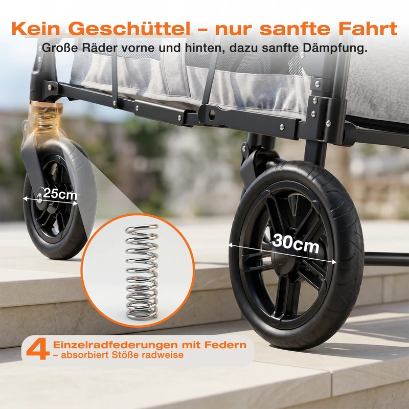 Sekey Kinder-Bollerwagen 7070, faltbar, mit Zwillingsmodus Face-to-Face & Back-to-Back, 80 kg Tragkraft, 5-Punkt-Gurt, 4-Rad-Federung, Sonnendach, Kühltasche & Getränkehalter Produktbeschreibung